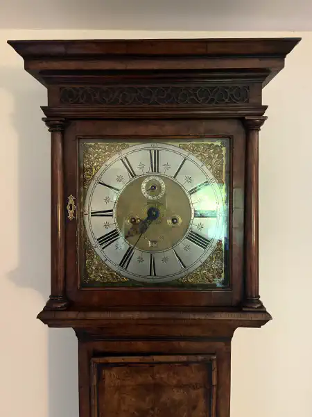 12 inch Queen Anne burl walnut longcase clock