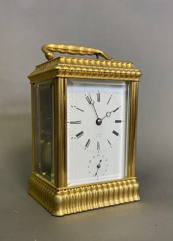 LOVELY MEDIUM SIZED GILT-BRASS FRENCH CARRIAGE CLOCK by FARRET, c. 1870.